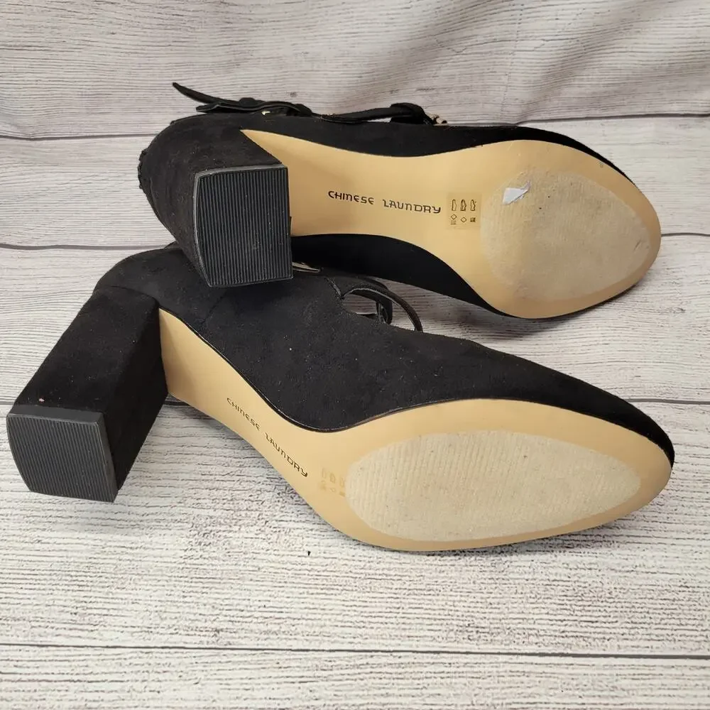 Chinese Laundry Black Suede Three Strap Mary Jane Pumps, 8.5